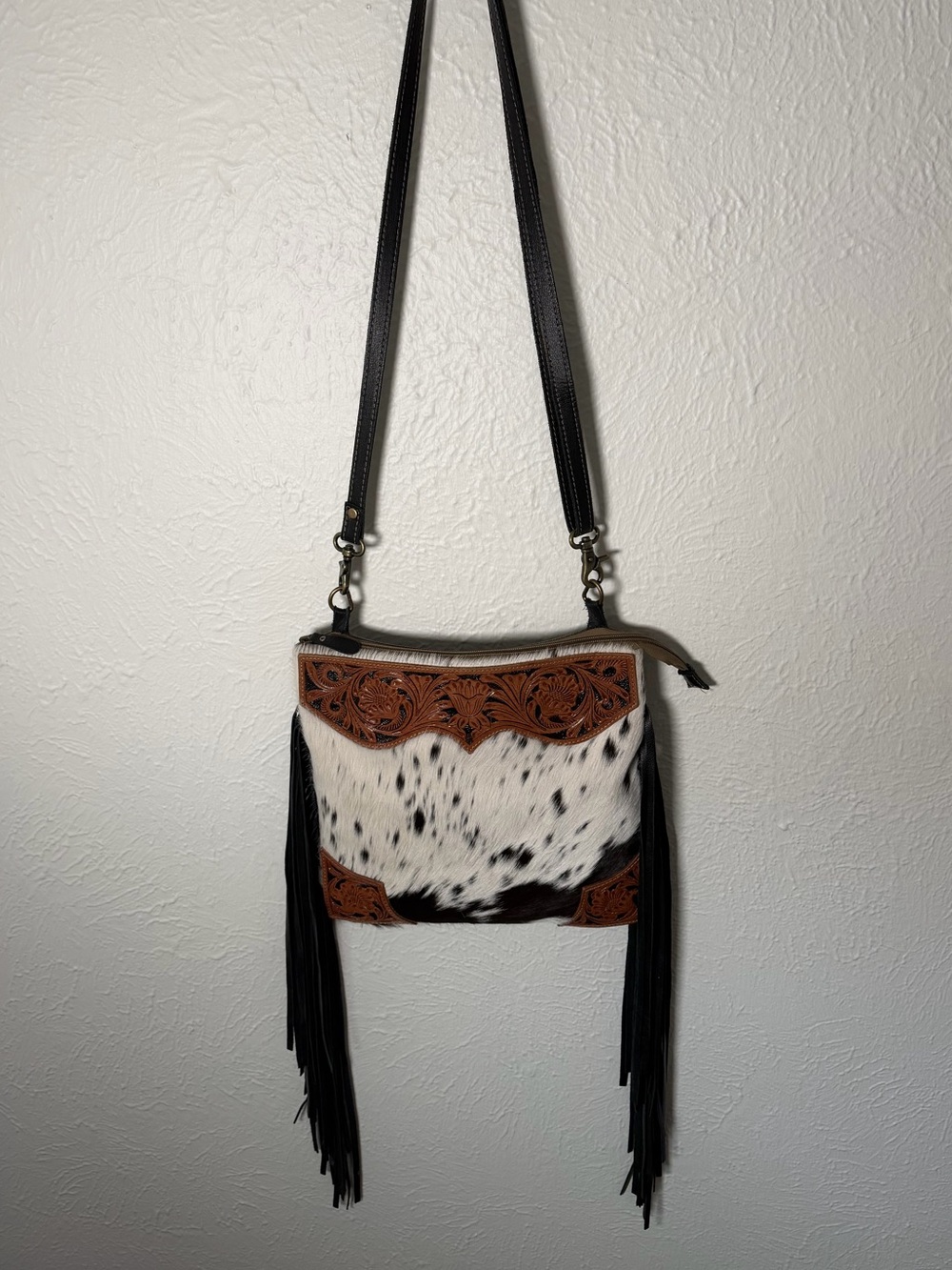 Myra Bag Hair On Leather Cowhide Crossbody Tooled Leather Fringe Western Purse